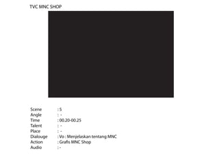 Scene : 5
Angle : -
Time : 00.20-00.25
Talent : -
Place : -
Dialouge : Vo : Menjelaskan tentang MNC
Action : Grafis MNC Shop
Audio : -
TVC MNC SHOP
 