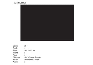 Scene : 6
Angle : -
Time : 00.25-00.30
Talent : -
Place : -
Dialouge : Vo : Closing Bumper
Action : Grafis MNC Shop
Audio : -
TVC MNC SHOP
 