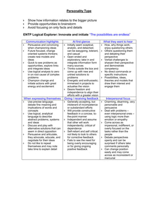 Personality Type
 Show how information relates to the bigger picture
 Provide opportunities to brainstorm
 Avoid focusing on only facts and details
ENTP Logical Explorer: Innovate and initiate “The possibilities are endless”
Communication highlights At first glance What they want to hear
 Persuasive and convincing
when championing ideas
 Future focused, change
oriented systems thinkers;
create new models and
ideas
 Quick to see problems as
opportunities, explore links
and integrate ideas
 Use logical analysis to zero
in on root cause of complex
problems
 Champion change and
initiate actions with great
energy and excitement
 Initially seem sceptical,
analytic, and detached;
can be easygoing, tolerant,
and casual
 Open ended and
exploratory; take in and
integrate information form
many sources
 Thinks outside the box and
come up with new and
untried solutions to
problems
 Energetic and enthusiastic;
immersed in projects to
actualise the vision
 Desire freedom and
independence to align their
efforts with a greater vision
 How, why things work;
enjoy questioning others
 Others questioning them
and debating their
perspective
 Verbal challenges to
sharpen their perspective
and demonstrate
competency
 No direct commands or
specific instructions
 Possibilities, ideas,
theories and models that
draw their interest and
engage them
When expressing themselves Giving / receiving feedback Interpersonal focus
 Use precise language;
debate fine meaning and
implications of words and
concepts
 Use logical, analytical
language to describe
abstract problems, systems
and ideas
 Discuss and play with
alternative solutions that can
seem in direct opposition
 Persuasive and articulate,
they advocate, educate, and
negotiate for their ideas
 Do not like to repeat
themselves and may note
take time to explain detail
 Generally accepting, but
intolerant of incompetence
or substandard efforts
 Will provide constructive
feedback in a concise, to-
the-point manner
 Independent and assume
that other will work
independently; critical of
dependence
 Self-reliant and self critical;
not likely to look to others
for corrective feedback
 Fails to see the need for
being overly encouraging
or for giving ongoing
positive feedback
 Charming, disarming, very
personable and
persuasive
 Deal with problems –
even interpersonal ones –
using logic more than
emotion or empathy
 Come across as
impersonal, indifferent, or
overly focused on the
tasks rather than the
people
 Debate perspectives
openly and can be
surprised if others take
comments personally
 Can change position
easily and may come
across as inconsistent or
mercurial
 