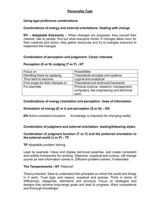 Personality Type
Using type preference combinations
Combinations of energy and external orientations: Dealing with change
EP – Adaptable Extraverts – When changes are proposed, they consult their
network, talk to people, find out what everyone thinks. If changes allow room for
their creativity and action, they gather resources and try to energise everyone to
implement the changes
Combination of perception and judgement: Career interests
Perception (S or N) Judging (T or F) - NT
Focus on Possibilities
Handling these by applying: Theoretical concepts and systems
Thus tend to become: Logical and analytical
Find scope for their interests in: Theoretical and technical framework
For example: Physical science, research, management,
computers, law engineering and technical
work
Combinations of energy orientation and perception: Uses of information
Orientation of energy (E or I) and perception (S or N) – EN
EN Action-oriented innovators Knowledge is important for changing reality
Combination of judgment and external orientation: leading/following styles
Combination of judgment function (T or F) and the preferred orientation to
the external world (J or P) - TP
TP Adaptable problem solving
Lead by example. Value and display technical expertise, and create consistent
and orderly frameworks for working. Objective, sceptical and curious, will change
course as new information comes in. Effective problem solvers, if interested.
The Temperaments - NT “Rational”
Theory-oriented: Seek to understand the principles on which the world and things
in it work. Trust logic and reason, sceptical and precise. Think in terms of
differences, categories, definitions and structure. Focus on strategies and
designs that achieve long-range goals and lead to progress. Want competence
and thorough knowledge.
 