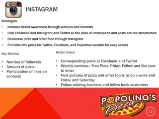 INSTAGRAM
Strategies
• Increase brand awareness through pictures and contests
• Link Facebook and Instagram and Twitter so the sites all correspond and posts are the streamlined
• Showcase pizza and other food through Instagram
• Put links into posts for Twitter, Facebook, and Popolinos website for easy access
13
Key Metrics
• Number of followers
• Amount of posts
• Participation of likes on
contests
Action Items
• Corresponding posts to Facebook and Twitter
• Weekly contests - Free Pizza Friday- Follow and like post
to enter
• Post pictures of pizza and other foods twice a week and
Friday and Saturday
• Follow relating business and follow back customers
 