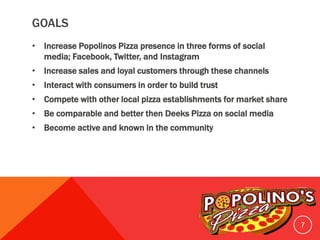 GOALS
• Increase Popolinos Pizza presence in three forms of social
media; Facebook, Twitter, and Instagram
• Increase sales and loyal customers through these channels
• Interact with consumers in order to build trust
• Compete with other local pizza establishments for market share
• Be comparable and better then Deeks Pizza on social media
• Become active and known in the community
7
 