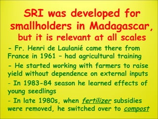 SRI was developed for
smallholders in Madagascar,
but it is relevant at all scales
- Fr. Henri de Laulanié came there from...