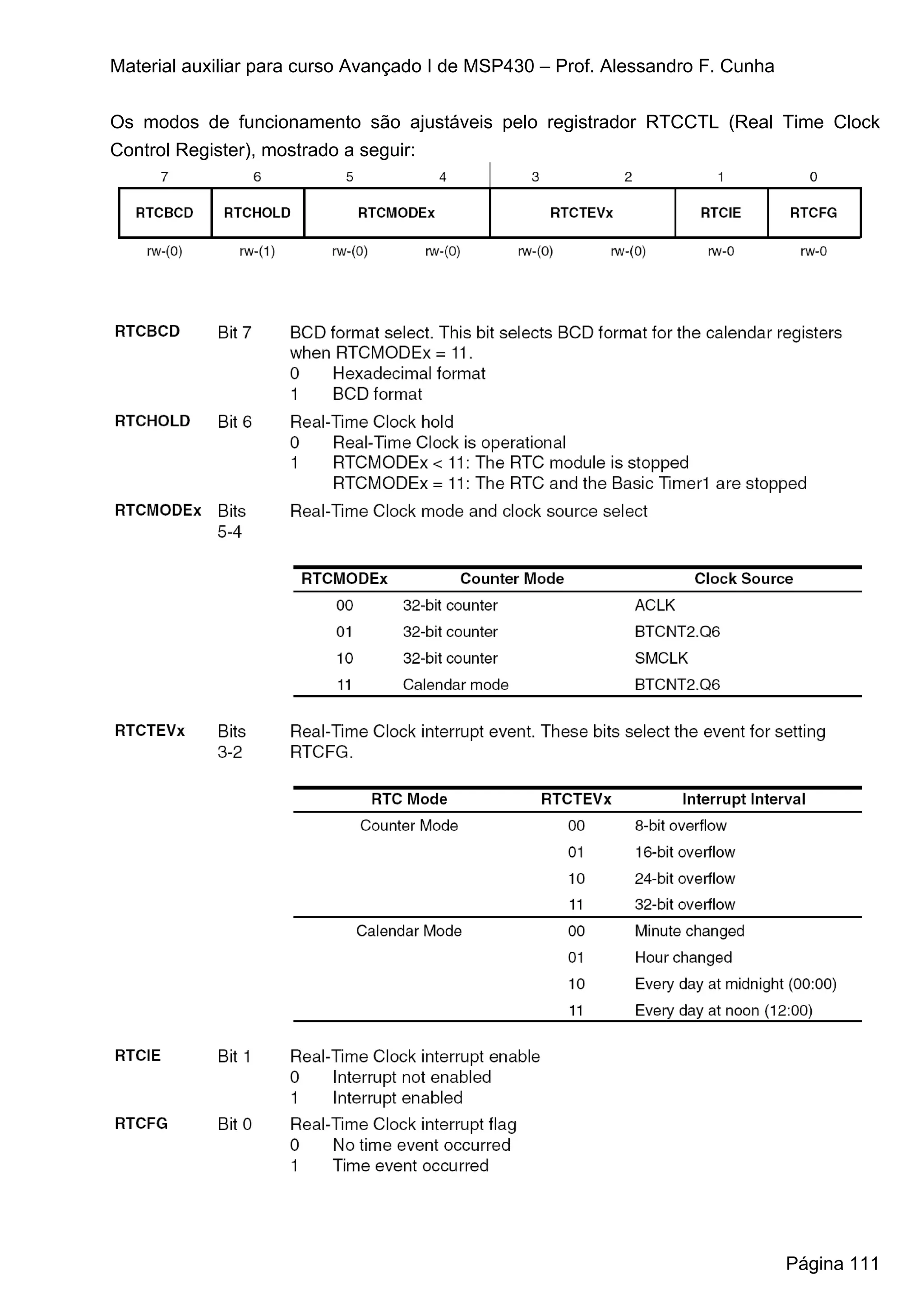Material auxiliar para curso Avançado I de MSP430 – Prof. Alessandro F. Cunha


Os modos de funcionamento são ajustáveis pelo registrador RTCCTL (Real Time Clock
Control Register), mostrado a seguir:




                                                                                Página 111
 