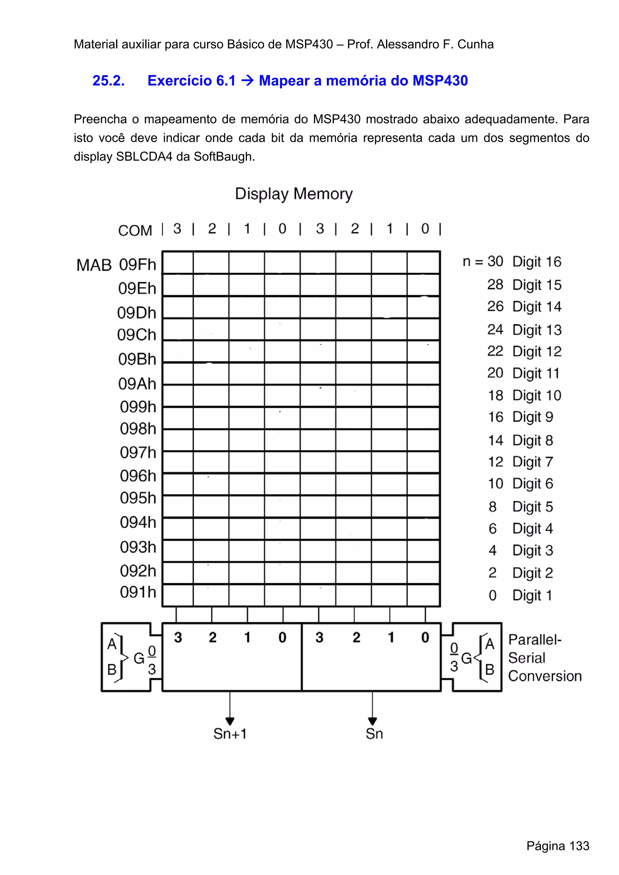 Material auxiliar para curso Básico de MSP430 – Prof. Alessandro F. Cunha

   25.2.    Exercício 6.1       Mapear a memória do MSP430

Preencha o mapeamento de memória do MSP430 mostrado abaixo adequadamente. Para
isto você deve indicar onde cada bit da memória representa cada um dos segmentos do
display SBLCDA4 da SoftBaugh.




                                                                            Página 133
 