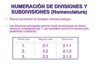 NUMERACIÓN DE DIVISIONES Y SUBDIVISIONES (Nomenclatura) Para la numeración se emplean números arábigos. Las divisiones principales (primer nivel) se enumeran en forma continua, empezando por 1. (se considera como 0 la introducción, preámbulo o prefacio). Primer nivel Segundo nivel Tercer nivel 1. 2. 3. 2.1 2.2 2.3 2.1.1 2.1.2 2.1.3 