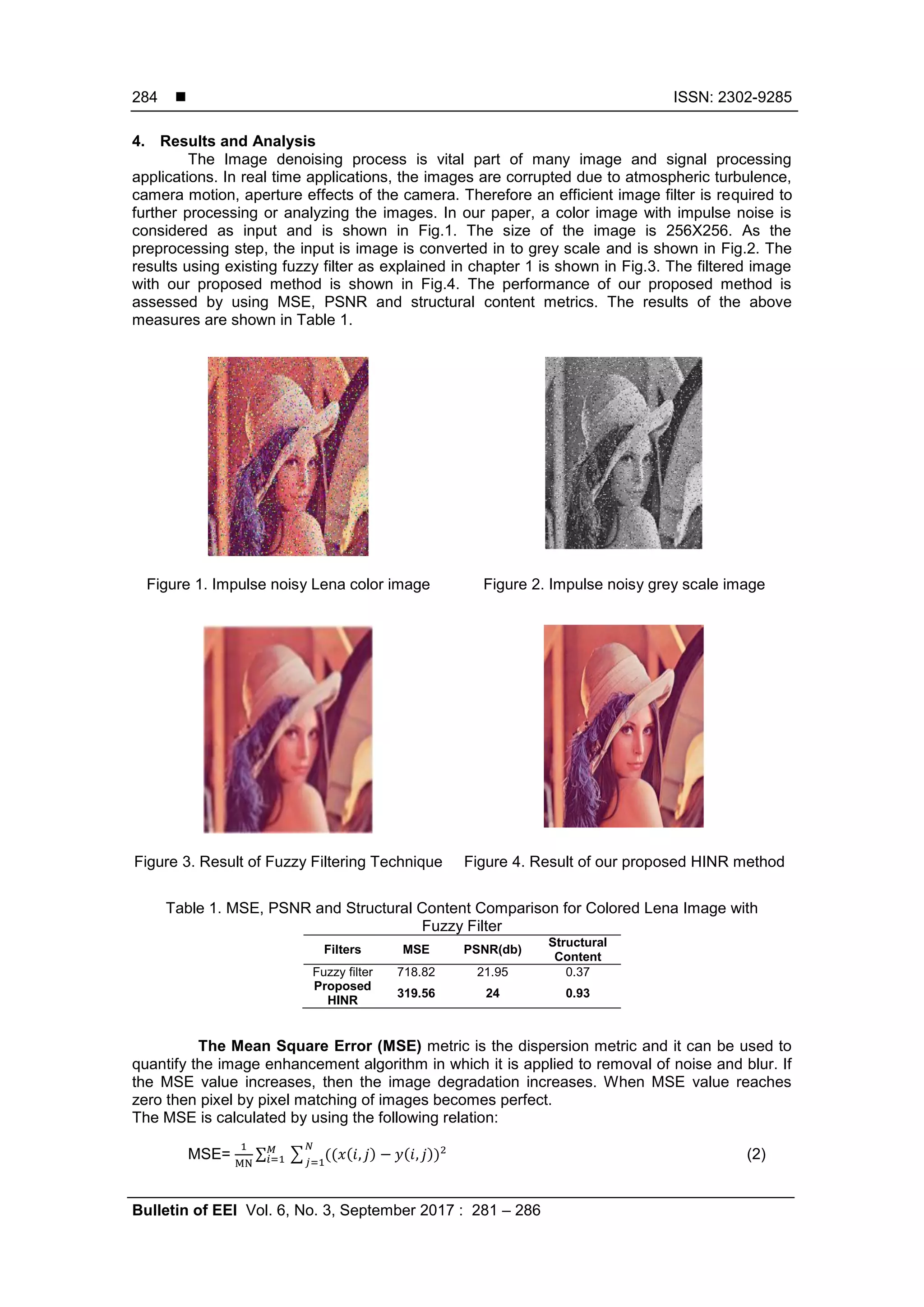  ISSN: 2302-9285
Bulletin of EEI Vol. 6, No. 3, September 2017 : 281 – 286
284
4. Results and Analysis
The Image denoising process is vital part of many image and signal processing
applications. In real time applications, the images are corrupted due to atmospheric turbulence,
camera motion, aperture effects of the camera. Therefore an efficient image filter is required to
further processing or analyzing the images. In our paper, a color image with impulse noise is
considered as input and is shown in Fig.1. The size of the image is 256X256. As the
preprocessing step, the input is image is converted in to grey scale and is shown in Fig.2. The
results using existing fuzzy filter as explained in chapter 1 is shown in Fig.3. The filtered image
with our proposed method is shown in Fig.4. The performance of our proposed method is
assessed by using MSE, PSNR and structural content metrics. The results of the above
measures are shown in Table 1.
Figure 1. Impulse noisy Lena color image Figure 2. Impulse noisy grey scale image
Figure 3. Result of Fuzzy Filtering Technique Figure 4. Result of our proposed HINR method
Table 1. MSE, PSNR and Structural Content Comparison for Colored Lena Image with
Fuzzy Filter
Filters MSE PSNR(db)
Structural
Content
Fuzzy filter 718.82 21.95 0.37
Proposed
HINR
319.56 24 0.93
The Mean Square Error (MSE) metric is the dispersion metric and it can be used to
quantify the image enhancement algorithm in which it is applied to removal of noise and blur. If
the MSE value increases, then the image degradation increases. When MSE value reaches
zero then pixel by pixel matching of images becomes perfect.
The MSE is calculated by using the following relation:
MSE= ∑ ∑ ) )) (2)
 