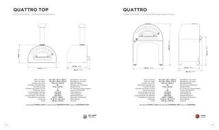88 89
corten
corten
quattro
Fiches techniques - Technische Beschreibungtechniques
71,6cm-27,2in
Sole LxP (bois)
Sole LxP (gaz)
Hauteur de la sole
Montée en température
Fournée du pain
Nombre de pizzas à la fois
Pizzas par heure
Consommation de bois
Consommation de GPL
Consommation de méthane
Température maximum
Cheminée
Poids
Backfläche LxP (Holz)
Backfläche LxP (Gas)
Backflächehöhe
Minuten zum Aufheizen
Broteinschub
N° Pizzen pro Backvorgang
Pizza in 60 Minuten
Holzverbrauch
LPG-Verbrauch
Methanverbrauch
Maximale Temperatur
Rauchabzug
Gewicht
90 x 60 / 35,7 x 23,8 in
78 x 60 / 30,9 x 23,8 in
100 cm / 39,3 in
30’
4 Kg / 8,8 lbs
3
60
4,5 kg/h
1,35 kg/h
1,80 m3/h
450°C / 850°F
Ø 18 cm / Ø 7,14 in
225 kg / 495 lbs
code wood FX4PRU-LCOR code methane FOR4PROC-MET code lpg FOR4PROC
quattro top
Fiches techniques - Technische Beschreibung
Sole LxP (bois)
Sole LxP (gaz)
Hauteur de la sole
Montée en température
Fournée du pain
Nombre de pizzas à la fois
Pizzas par heure
Consommation de bois
Consommation de GPL
Consommation de méthane
Température maximum
Cheminée
Poids
Backfläche LxP (Holz)
Backfläche LxP (Gas)
Backflächehöhe
Minuten zum Aufheizen
Broteinschub
N° Pizzen pro Backvorgang
Pizza in 60 Minuten
Holzverbrauch
LPG-Verbrauch
Methanverbrauch
Maximale Temperatur
Rauchabzug
Gewicht
90 x 60 / 35,7 x 23,8 in
78 x 60 / 30,9 x 23,8 in
111,6 cm / 43,9 in
30’
4 Kg / 8,8 lbs
3
60
4,5 kg/h
1,35 kg/h
1,80 m3/h
450°C / 850°F
Ø 18 cm / Ø 7,14 in
195 kg / 363 lbs
code wood FX4PRU-LGRA-T code methane FOR4PROTP-MET code lpg FOR4PROTP-GPL
gris argent
silbergrau
115,0 cm - 43,7 in
79,4 cm - 30,5 in
89,2 cm - 34,3 in
115,0 cm - 45,3 in
160,0cm-63,0in
79,4 cm - 30,5 in
89,2 cm - 34,3 in
110,4cm-43,5in
 
