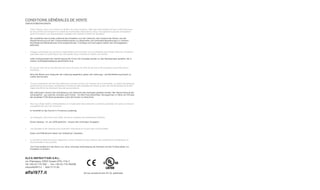 Conditions générales de vente
verkaufsbedingungen
•	 Chers Clients, nous vous invitons à vérifier, lors de la livraison, l’état des marchandises et leur conformité avec
les documents de transport en notant les éventuelles observations. Nous n’accepterons pas de contestation
après la livraison. Les marchandises voyagent aux risques et périls de l’acheteur.
Wir empfehlen den Kunden während des Entladens von den Vektoren, den Zustand der Waren und die
Übereinstimmung mit den Transportdokumenten zu überprüfen und eventuelle Bemerkungen zu notieren.
Nachfolgende Reklamationen sind ausgeschlossen. Frachtgut wird auf eigene Gefahr des Auftraggebers
befördert.
•	 Chaque commande est soumise à l’approbation de la société. Les commandes sont livrées selon les conditions
spécifiées dans la confirmation de commande. Nous invitons les Clients à la vérifier.
Jeder Auftrag bedarf der Genehmigung der Firma. Die Aufträge werden zu den Bedingungen geliefert, die in
unserer Auftragsbestätigung spezifizierte sind.
•	 En cas de refus de la marchandise lors de la livraison, les frais de service et de transport seront facturés à
l’acheteur.
Wird die Waren zum Zeitpunkt der Lieferung abgelehnt, gehen die Lieferungs- und Rücklieferung-Kosten zu
Lasten des Kunden.
•	 Tous les paiements doivent être effectués comme convenu au moment de la commande ; le retard de paiement,
quelle qu’en soit la raison, entraînera le versement des pénalités de retard au taux de refinancement de la BCE
majoré de 5% et les éventuels frais de recouvrement.
Alle Zahlungen müssen laut Vereinbarug zum Zeitpunkt des Auftrages getätigt werden. Bei Überschreitung der
Zahlungsfrist - aus welchen Gründen auch immer - ist Alfa Pizza berechtigt, Verzugszinsen in Höhe von 5% über
der jeweiligen EZB-Abzinsungssätze sowie die Kosten zu berechnen.
•	 Pour tout litige relatif à l’interprétation et à l’exécution des présentes conditions générales de vente, le tribunal
compétent est celui de Frosinone.
Im Streitfall ist das Gericht in Frosinone zuständig.
•	 Ce catalogue, imprimé en juin 2016, annule et remplace les précédentes éditions.
Dieser Katalog - im Juni 2016 gedrückt - ersetzt alle vorherigen Ausgaben.
•	 Les données et les mesures sont purement indicatives et ne sont pas contractuelles.
Daten und Maßnahmen haben rein indikativen Charakter.
•	 La société se réserve le droit d’apporter, à tout moment et sans préavis, des modifications esthétiques ou
fonctionnelles à ses produits.
Die Firma behält sich das Recht vor, ohne vorherige Ankündigung die Ästhetik und die Funktionalität von
Produkten zu ändern.
ALFA REFRATTARI S.R.L.
via Villamagna, 03012 Anagni (FR), ITALY
Tel +39 (0) 775.7821 - Fax +39 (0) 775.782238
info@alfa1977.it - 800.77.77.30
alfa1977.it All our products are CE UL patented
 