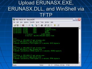 Upload ERUNASX.EXE,Upload ERUNASX.EXE,
ERUNASX.DLL, and WinShell viaERUNASX.DLL, and WinShell via
TFTPTFTP
 