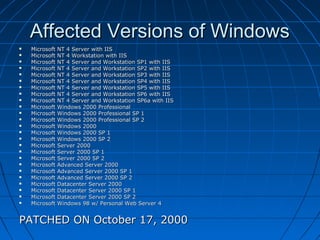 Affected Versions of WindowsAffected Versions of Windows
 Microsoft NT 4 Server with IISMicrosoft NT 4 Server with IIS
 Microsoft NT 4 Workstation with IISMicrosoft NT 4 Workstation with IIS
 Microsoft NT 4 Server and Workstation SP1 with IISMicrosoft NT 4 Server and Workstation SP1 with IIS
 Microsoft NT 4 Server and Workstation SP2 with IISMicrosoft NT 4 Server and Workstation SP2 with IIS
 Microsoft NT 4 Server and Workstation SP3 with IISMicrosoft NT 4 Server and Workstation SP3 with IIS
 Microsoft NT 4 Server and Workstation SP4 with IISMicrosoft NT 4 Server and Workstation SP4 with IIS
 Microsoft NT 4 Server and Workstation SP5 with IISMicrosoft NT 4 Server and Workstation SP5 with IIS
 Microsoft NT 4 Server and Workstation SP6 with IISMicrosoft NT 4 Server and Workstation SP6 with IIS
 Microsoft NT 4 Server and Workstation SP6a with IISMicrosoft NT 4 Server and Workstation SP6a with IIS
 Microsoft Windows 2000 ProfessionalMicrosoft Windows 2000 Professional
 Microsoft Windows 2000 Professional SP 1Microsoft Windows 2000 Professional SP 1
 Microsoft Windows 2000 Professional SP 2Microsoft Windows 2000 Professional SP 2
 Microsoft Windows 2000Microsoft Windows 2000
 Microsoft Windows 2000 SP 1Microsoft Windows 2000 SP 1
 Microsoft Windows 2000 SP 2Microsoft Windows 2000 SP 2
 Microsoft Server 2000Microsoft Server 2000
 Microsoft Server 2000 SP 1Microsoft Server 2000 SP 1
 Microsoft Server 2000 SP 2Microsoft Server 2000 SP 2
 Microsoft Advanced Server 2000Microsoft Advanced Server 2000
 Microsoft Advanced Server 2000 SP 1Microsoft Advanced Server 2000 SP 1
 Microsoft Advanced Server 2000 SP 2Microsoft Advanced Server 2000 SP 2
 Microsoft Datacenter Server 2000Microsoft Datacenter Server 2000
 Microsoft Datacenter Server 2000 SP 1Microsoft Datacenter Server 2000 SP 1
 Microsoft Datacenter Server 2000 SP 2Microsoft Datacenter Server 2000 SP 2
 Microsoft Windows 98 w/ Personal Web Server 4Microsoft Windows 98 w/ Personal Web Server 4
PATCHED ON October 17, 2000PATCHED ON October 17, 2000
 