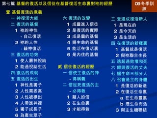 第七篇  基督的復活以及信徒在基督復活生命裏對祂的經歷 三 受浸成復活新人 1  是現在的 2  是今天的 3  是生活的 四 在復活的新樣裏 1  基督就是復活 2  與祂聯合生長 五 遠超過敗壞和死 六 歸與復活的丈夫 七 賜生命三部分人 八 召會是主的身體 1  是復活的新造 2  在復活生命裏 a  在生命靈裏 b  憑生命而活 3  與主生機聯結 壹 基督復活的意義 一 神復活大能 二 復活的基督 1  祂的神性 －自己復活 2  祂的人性 －藉神復活 三 復活的功效 1  使人蒙神悅納 2  能過悅納生活 四 復活的成就 五 復活的出生 1  神性是獨子 2  人性需拔高 3  人性被標出 4  人帶進神裡 5  獨子成長子 6  為產生眾子 六 復活的改變 1  成靈進入信徒 2  是復活的實際 3  成是靈的基督 4  賜生命的基督 5  能活在復活裏 6  是內住的基督 貳 信徒復活的經歷 一 信使主復活的神 － 得稱義 二 信從死復活的主 － 必得救 1  藉人的信 2  在生命裏 3  才能得救 09 冬季訓練 