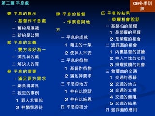伍 平息的結果 －榮耀相會說話 一 基路伯的榮耀 1  是榮耀的照耀 2  是榮耀的相會 二 遮罪蓋的相會 1  內裏基督的描繪 2  神人二性的功用 3  照耀救贖的相會 三 救贖血的交通 1  交通的憑藉 2  交通的地方 3  交通的立場 4  交通的無阻 5  交通的結果 四 遮罪蓋的應用 第三篇 平息處 壹 平息的啟示 －基督作平息處 一 舊約是隱藏 二 新約是公開 貳 平息的定義 －雙方和好為一 一 滿足神的義 二 解決人的罪 參 平息的需要 －滿足兩方需求 一 虧負得滿足 二 稅吏的事例 1  罪人求寬恕 2  神憐憫恩待 肆 平息的基督 －作祭物與地方 一 平息的成就 1  藉主的十架 2  使神人平安 二 平息的祭物 1  基督作祭物 2  滿足神要求 三 平息的地方 1  神在此說話 2  神在此施恩 四 平息的福分 09 冬季訓練 