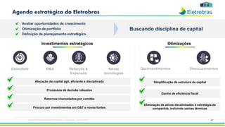 47
Agenda estratégica da Eletrobras
• Avaliar oportunidades de crescimento
• Otimização de portfólio
• Definição de planejamento estratégico
Investimentos estratégicos
Greenfield M&A Novas
tecnologias
Otimizações
Desinvestimentos Descruzamentos
Reforços &
Expansão
Alocação de capital ágil, eficiente e disciplinada Simplificação da estrutura de capital
Ganho de eficiência fiscal
Eliminação de ativos desalinhados à estratégia da
companhia, incluindo usinas térmicas
Buscando disciplina de capital
Processos de decisão robustos
Retornos chancelados por comitês
Procura por investimentos em G&T e novas fontes
Esta apresentação pode conter tendências e expectativas. Vide disclaimer
 