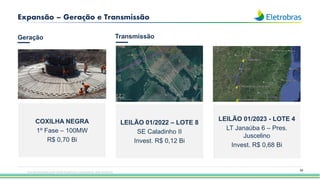 54
Expansão – Geração e Transmissão
Esta apresentação pode conter tendências e expectativas. Vide disclaimer
Geração
COXILHA NEGRA
1º Fase – 100MW
R$ 0,70 Bi
Transmissão
LEILÃO 01/2022 – LOTE 8
SE Caladinho II
Invest. R$ 0,12 Bi
LEILÃO 01/2023 - LOTE 4
LT Janaúba 6 – Pres.
Juscelino
Invest. R$ 0,68 Bi
 
