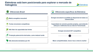 79
Eletrobras está bem posicionada para explorar o mercado de
hidrogênio
Energia renovável no portfólio já disponível em todos os
submercados
Capacidade de conectar grandes projetos, aproveitando
reforços e melhorias da sua rede de Transmissão
Maior competitividade, menor risco e time to market
Matriz energética renovável
Fontes renováveis competitivas
Alta demanda doméstica por H2
Alto fator de capacidade das fontes
Produção potencial de derivados, como metanol verde
Energia renovável 24/7 competitiva
Diferenciais Brasil Diferenciais específicos da Eletrobras
Esta apresentação pode conter tendências e expectativas. Vide disclaimer
 