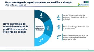 91
Nova estratégia de reposicionamento do portfólio e alocação
eficiente de capital
Otimização
da Estrutura
de Capital
Nova estratégia de
reposicionamento do
portfólio e alocação
eficiente de capital
Ações de racionalização da
estrutura de dívida e eficiência
tributária
Nova Metodologia de hurdle rate
e caixa mínimo
Nova Estratégia de alocação de
capital buscando eficiência e
geração de valor
Esta apresentação pode conter tendências e expectativas. Vide disclaimer
 
