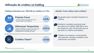 97
Utilização de créditos na holding
Holding atualmente com ~R$15 Bi em créditos no 1T23...
Necessário gerar resultado tributável na
Holding
Entretanto, resultado recorrente atual
acumula novos créditos: R$0,5Bi ao ano
(em adição ao valor condicionado que se
converte em créditos acumulados)
Créditos acumulados e condicionados
não possuem correção monetária e não
prescrevem com tempo
Pode ser utilizado para pagar até 30% do
imposto devido em um dado ano
Crédito Condicionado, oriundo da expectativa de
despesas com efeito tributário futuro, com
reconhecimento no momento do evento
...Desafio: Como utilizar esses créditos?
1
2
3
Créditos Totais(1)
Diferenças Temporárias
Prejuízo Fiscal
Esta apresentação pode conter tendências e expectativas. Vide disclaimer
Nota:
1. Valores ainda não reconhecidos nas demonstrações financeiras
R$2,9Bi
R$12,1Bi
R$15,0Bi
 