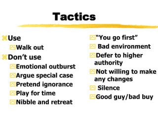 Tactics
Use
Walk out
Don’t use
Emotional outburst
Argue special case
Pretend ignorance
Play for time
Nibble and retreat
“You go first”
 Bad environment
Defer to higher
authority
Not willing to make
any changes
 Silence
Good guy/bad buy
 