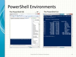 PowerShell Environments
PowerShell for Database Developers 19
The PowerShell ISE The PowerShell CLI… or …
 