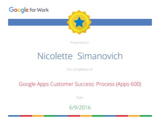 Presented to
For completion of
Date
forWork
Nicolette Simanovich
Google Apps Customer Success: Process (Apps 600)
6/9/2016
 