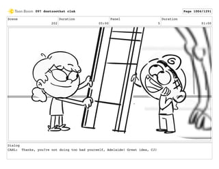 Scene
202
Duration
05:00
Panel
5
Duration
01:00
Dialog
CARL: Thanks, you?re not doing too bad yourself, Adelaide! Great idea, CJ!
097 dontzoothat clnA Page 1004/1291
 