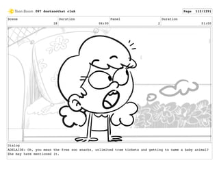 Scene
18
Duration
06:00
Panel
2
Duration
01:00
Dialog
ADELAIDE: Oh, you mean the free zoo snacks, unlimited tram tickets and getting to name a baby animal?
She may have mentioned it.
097 dontzoothat clnA Page 112/1291
 