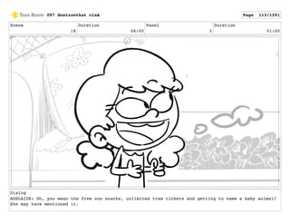 Scene
18
Duration
06:00
Panel
3
Duration
01:00
Dialog
ADELAIDE: Oh, you mean the free zoo snacks, unlimited tram tickets and getting to name a baby animal?
She may have mentioned it.
097 dontzoothat clnA Page 113/1291
 
