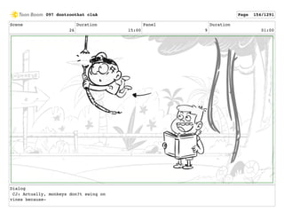 Scene
26
Duration
15:00
Panel
9
Duration
01:00
Dialog
CJ: Actually, monkeys don?t swing on
vines because-
097 dontzoothat clnA Page 154/1291
 