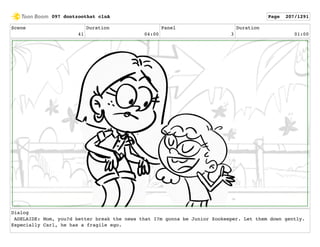 Scene
41
Duration
04:00
Panel
3
Duration
01:00
Dialog
ADELAIDE: Mom, you?d better break the news that I?m gonna be Junior Zookeeper. Let them down gently.
Especially Carl, he has a fragile ego.
097 dontzoothat clnA Page 207/1291
 