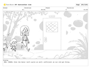 Scene
61
Duration
06:00
Panel
2
Duration
01:00
Dialog
MRS. CHANG: Glen the Gator isn?t quite as self- sufficient as our old pal Bitsy.
097 dontzoothat clnA Page 291/1291
 