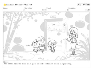 Scene
61
Duration
06:00
Panel
4
Duration
01:00
Dialog
MRS. CHANG: Glen the Gator isn?t quite as self- sufficient as our old pal Bitsy.
097 dontzoothat clnA Page 293/1291
 