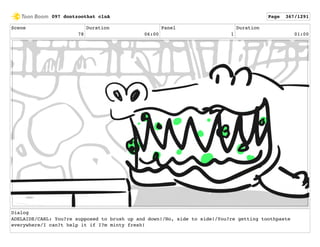 Scene
78
Duration
06:00
Panel
1
Duration
01:00
Dialog
ADELAIDE/CARL: You?re supposed to brush up and down!/No, side to side!/You?re getting toothpaste
everywhere/I can?t help it if I?m minty fresh!
097 dontzoothat clnA Page 367/1291
 