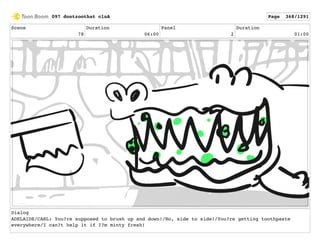 Scene
78
Duration
06:00
Panel
2
Duration
01:00
Dialog
ADELAIDE/CARL: You?re supposed to brush up and down!/No, side to side!/You?re getting toothpaste
everywhere/I can?t help it if I?m minty fresh!
097 dontzoothat clnA Page 368/1291
 