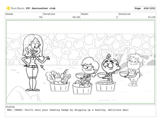 Scene
94
Duration
06:00
Panel
2
Duration
01:00
Dialog
MRS. CHANG: You?ll earn your feeding badge by whipping up a healthy, delicious meal
097 dontzoothat clnA Page 436/1291
 