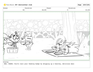 Scene
94
Duration
06:00
Panel
5
Duration
01:00
Dialog
MRS. CHANG: You?ll earn your feeding badge by whipping up a healthy, delicious meal
097 dontzoothat clnA Page 439/1291
 