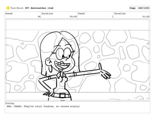 Scene
96
Duration
05:00
Panel
1
Duration
01:00
Dialog
MRS. CHANG: They?re total foodies, so choose wisely!
097 dontzoothat clnA Page 445/1291
 