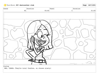 Scene
96
Duration
05:00
Panel
3
Duration
01:00
Dialog
MRS. CHANG: They?re total foodies, so choose wisely!
097 dontzoothat clnA Page 447/1291
 