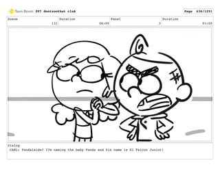 Scene
131
Duration
06:00
Panel
3
Duration
01:00
Dialog
CARL: Pandalaide? I?m naming the baby Panda and his name is El Falcon Junior!
097 dontzoothat clnA Page 636/1291
 
