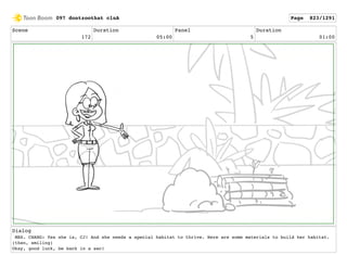 Scene
172
Duration
05:00
Panel
5
Duration
01:00
Dialog
MRS. CHANG: Yes she is, CJ! And she needs a special habitat to thrive. Here are some materials to build her habitat.
(then, smiling)
Okay, good luck, be back in a sec!
097 dontzoothat clnA Page 823/1291
 
