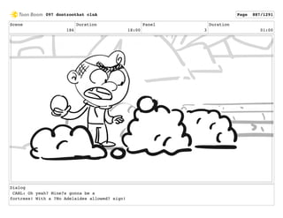 Scene
186
Duration
18:00
Panel
3
Duration
01:00
Dialog
CARL: Oh yeah? Mine?s gonna be a
fortress! With a ?No Adelaides allowed? sign!
097 dontzoothat clnA Page 887/1291
 