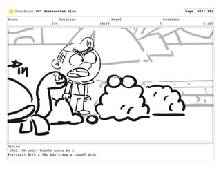 Scene
186
Duration
18:00
Panel
5
Duration
01:00
Dialog
CARL: Oh yeah? Mine?s gonna be a
fortress! With a ?No Adelaides allowed? sign!
097 dontzoothat clnA Page 889/1291
 