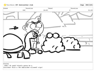 Scene
186
Duration
18:00
Panel
6
Duration
01:00
Dialog
CARL: Oh yeah? Mine?s gonna be a
fortress! With a ?No Adelaides allowed? sign!
097 dontzoothat clnA Page 890/1291
 