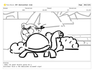 Scene
186
Duration
18:00
Panel
10
Duration
01:00
Dialog
CARL: Oh yeah? Mine?s gonna be a
fortress! With a ?No Adelaides allowed? sign!
097 dontzoothat clnA Page 894/1291
 