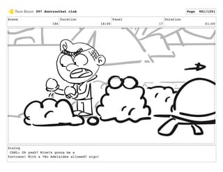 Scene
186
Duration
18:00
Panel
17
Duration
01:00
Dialog
CARL: Oh yeah? Mine?s gonna be a
fortress! With a ?No Adelaides allowed? sign!
097 dontzoothat clnA Page 901/1291
 