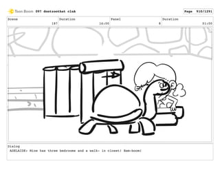 Scene
187
Duration
16:00
Panel
8
Duration
01:00
Dialog
ADELAIDE: Mine has three bedrooms and a walk- in closet! Bam-boom!
097 dontzoothat clnA Page 910/1291
 