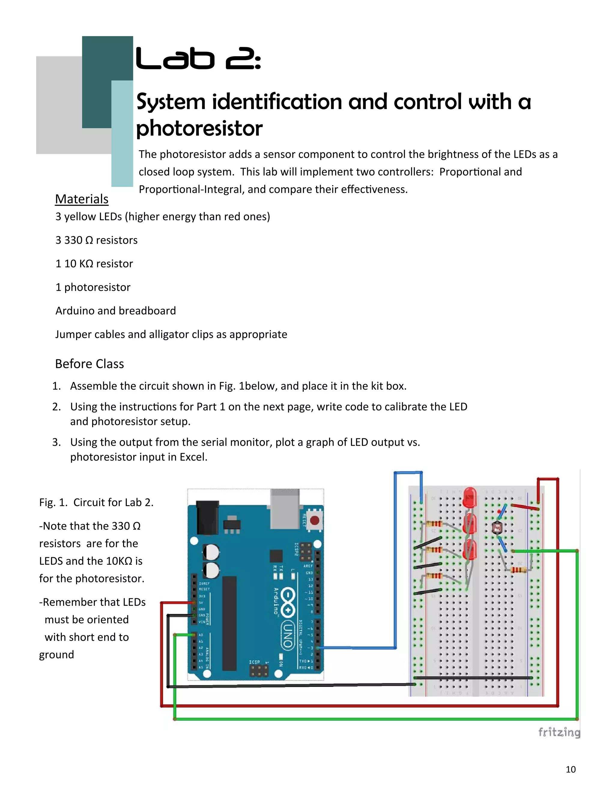 10
Lab 2:
System identification and control with a
photoresistor
Before Class
1. Assemble the circuit shown in Fig. 1below, and place it in the kit box.
2. Using the instruc ons for Part 1 on the next page, write code to calibrate the LED
and photoresistor setup.
3. Using the output from the serial monitor, plot a graph of LED output vs.
photoresistor input in Excel.
Materials
The photoresistor adds a sensor component to control the brightness of the LEDs as a
closed loop system. This lab will implement two controllers: Propor onal and
Propor onal‐Integral, and compare their eﬀec veness.
3 yellow LEDs (higher energy than red ones)
3 330 Ω resistors
1 10 KΩ resistor
1 photoresistor
Arduino and breadboard
Jumper cables and alligator clips as appropriate
Fig. 1. Circuit for Lab 2.
‐Note that the 330 Ω
resistors are for the
LEDS and the 10KΩ is
for the photoresistor.
‐Remember that LEDs
must be oriented
with short end to
ground
 