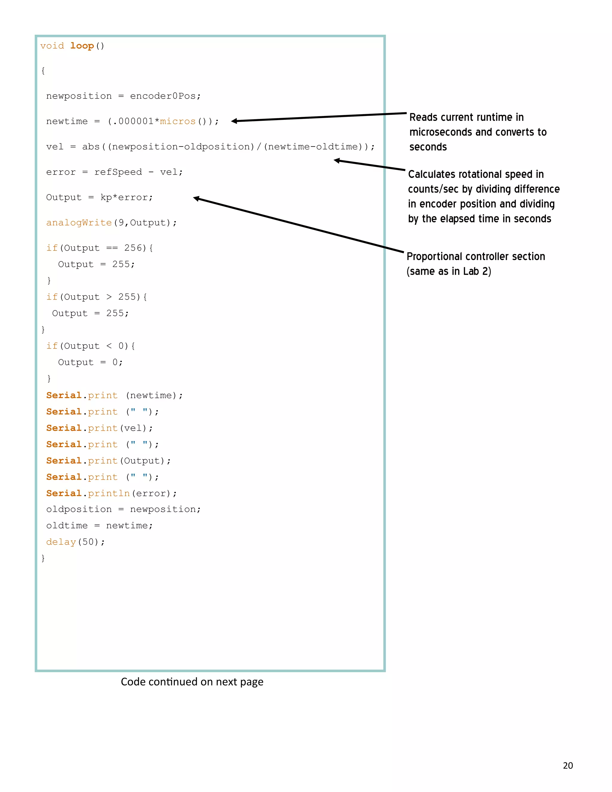 20
void loop()
{
newposition = encoder0Pos;
newtime = (.000001*micros());
vel = abs((newposition-oldposition)/(newtime-oldtime));
error = refSpeed - vel;
Output = kp*error;
analogWrite(9,Output);
if(Output == 256){
Output = 255;
}
if(Output > 255){
Output = 255;
}
if(Output < 0){
Output = 0;
}
Serial.print (newtime);
Serial.print (" ");
Serial.print(vel);
Serial.print (" ");
Serial.print(Output);
Serial.print (" ");
Serial.println(error);
oldposition = newposition;
oldtime = newtime;
delay(50);
}
Reads current runtime in
microseconds and converts to
seconds
Calculates rotational speed in
counts/sec by dividing difference
in encoder position and dividing
by the elapsed time in seconds
Proportional controller section
(same as in Lab 2)
Code con nued on next page
 