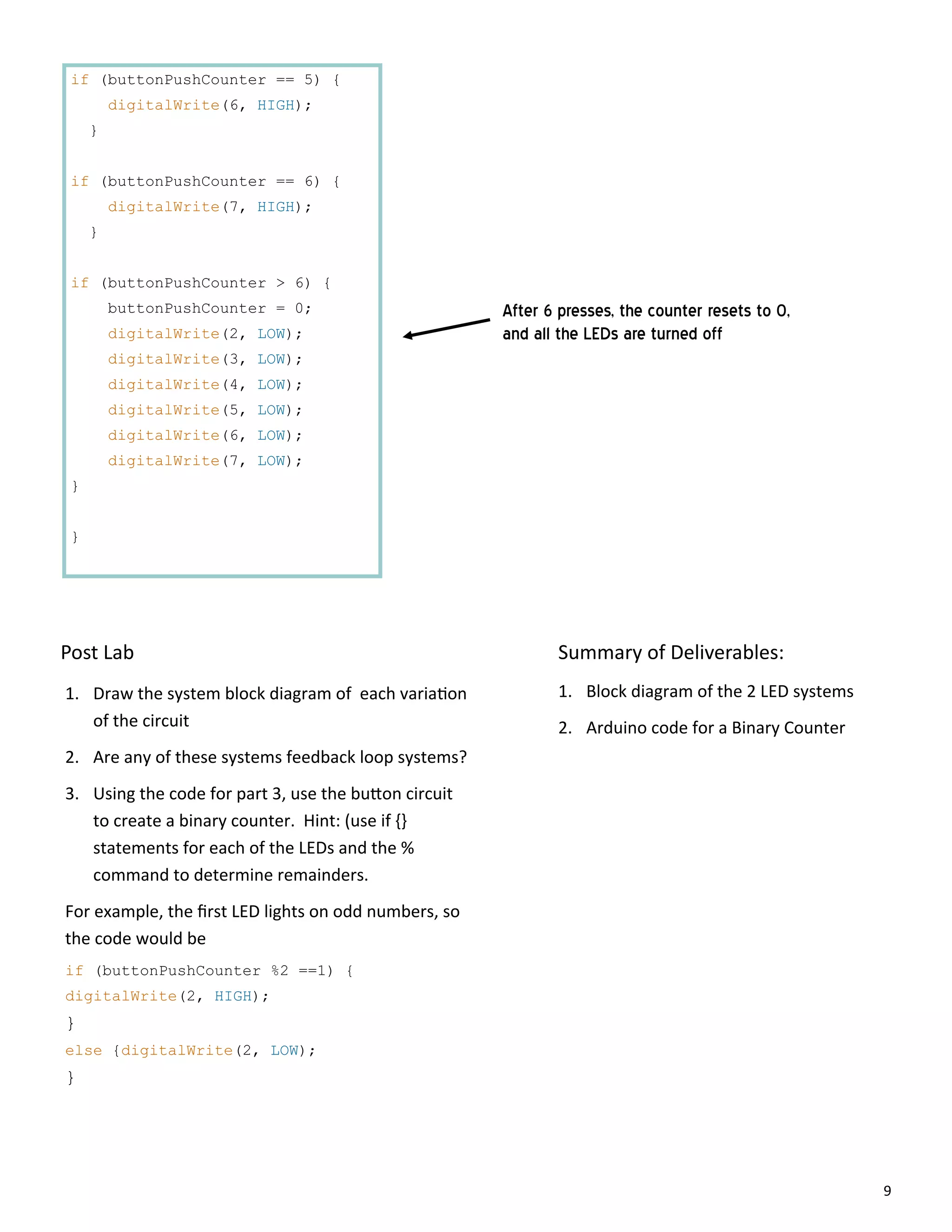 9
if (buttonPushCounter == 5) {
digitalWrite(6, HIGH);
}
if (buttonPushCounter == 6) {
digitalWrite(7, HIGH);
}
if (buttonPushCounter > 6) {
buttonPushCounter = 0;
digitalWrite(2, LOW);
digitalWrite(3, LOW);
digitalWrite(4, LOW);
digitalWrite(5, LOW);
digitalWrite(6, LOW);
digitalWrite(7, LOW);
}
}
Post Lab
1. Draw the system block diagram of each varia on
of the circuit
2. Are any of these systems feedback loop systems?
3. Using the code for part 3, use the bu on circuit
to create a binary counter. Hint: (use if {}
statements for each of the LEDs and the %
command to determine remainders.
For example, the ﬁrst LED lights on odd numbers, so
the code would be
if (buttonPushCounter %2 ==1) {
digitalWrite(2, HIGH);
}
else {digitalWrite(2, LOW);
}
After 6 presses, the counter resets to 0,
and all the LEDs are turned off
Summary of Deliverables:
1. Block diagram of the 2 LED systems
2. Arduino code for a Binary Counter
 