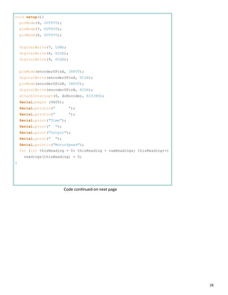 28
void setup(){
pinMode(9, OUTPUT);
pinMode(7, OUTPUT);
pinMode(6, OUTPUT);
digitalWrite(7, LOW);
digitalWrite(6, HIGH);
digitalWrite(9, HIGH);
pinMode(encoder0PinA, INPUT);
digitalWrite(encoder0PinA, HIGH);
pinMode(encoder0PinB, INPUT);
digitalWrite(encoder0PinB, HIGH);
attachInterrupt(0, doEncoder, RISING);
Serial.begin (9600);
Serial.println(" ");
Serial.println(" ");
Serial.print("Time");
Serial.print(" ");
Serial.print("Output");
Serial.print(" ");
Serial.println("MotorSpeed");
for (int thisReading = 0; thisReading < numReadings; thisReading++)
readings[thisReading] = 0;
}
Code con nued on next page
 